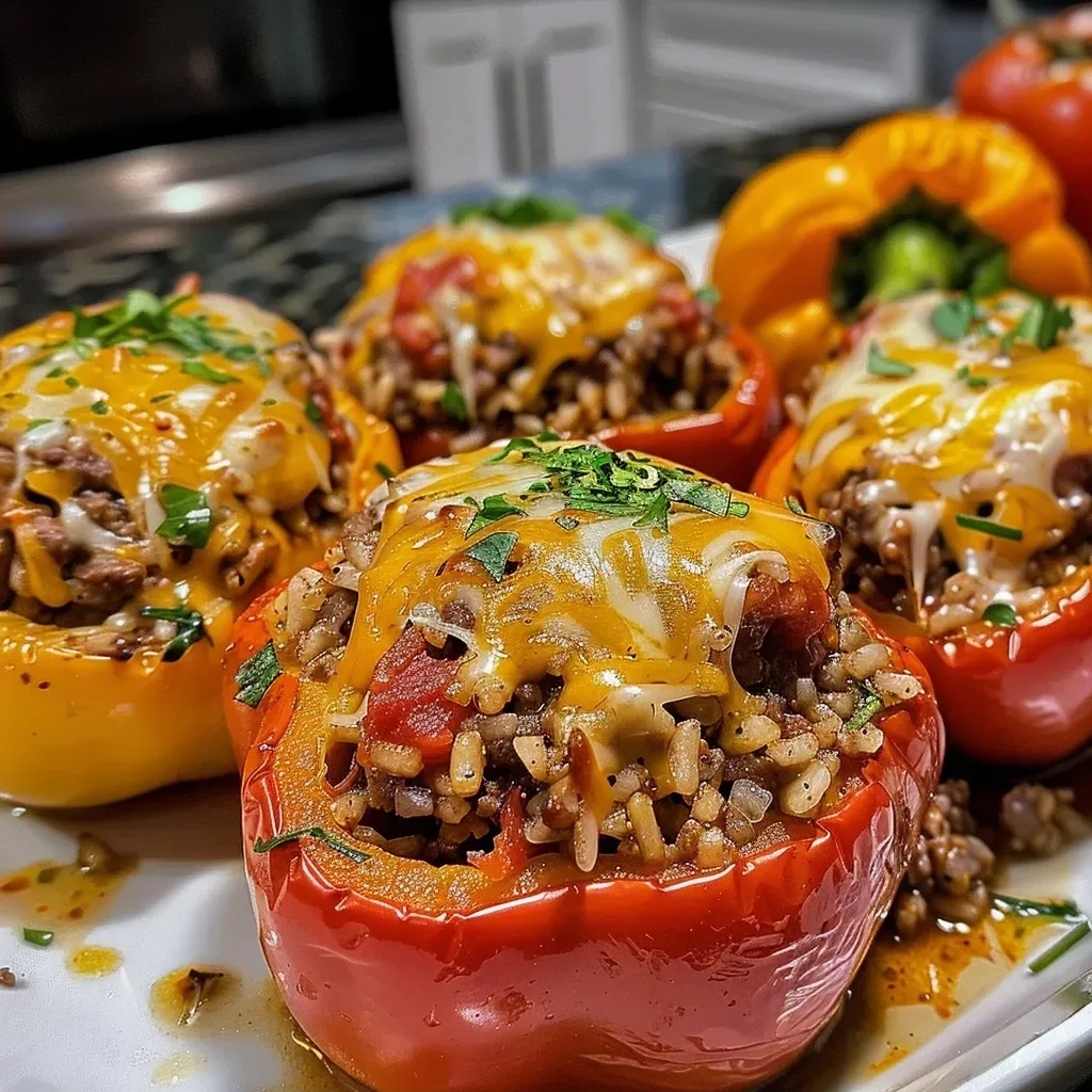 Vibrant side view of colorful stuffed bell peppers showcasing their filling.