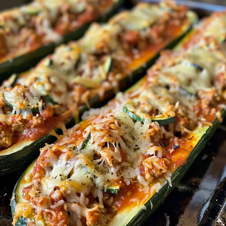 Nourishing Stuffed Zucchini Boats for a Wholesome Meal Close-up view of cooked stuffed zucchini boats filled with ground turkey and cheese.