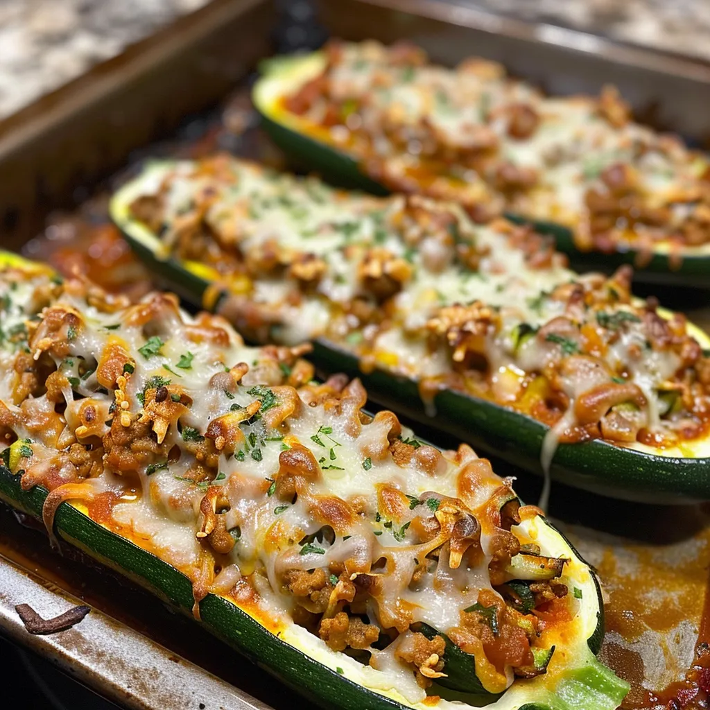 Side view of juicy stuffed zucchini boats topped with melted cheese and marinara sauce.