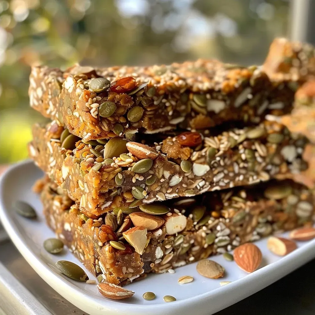 A side view of delicious Superfood Granola Bars with visible dark chocolate pieces.