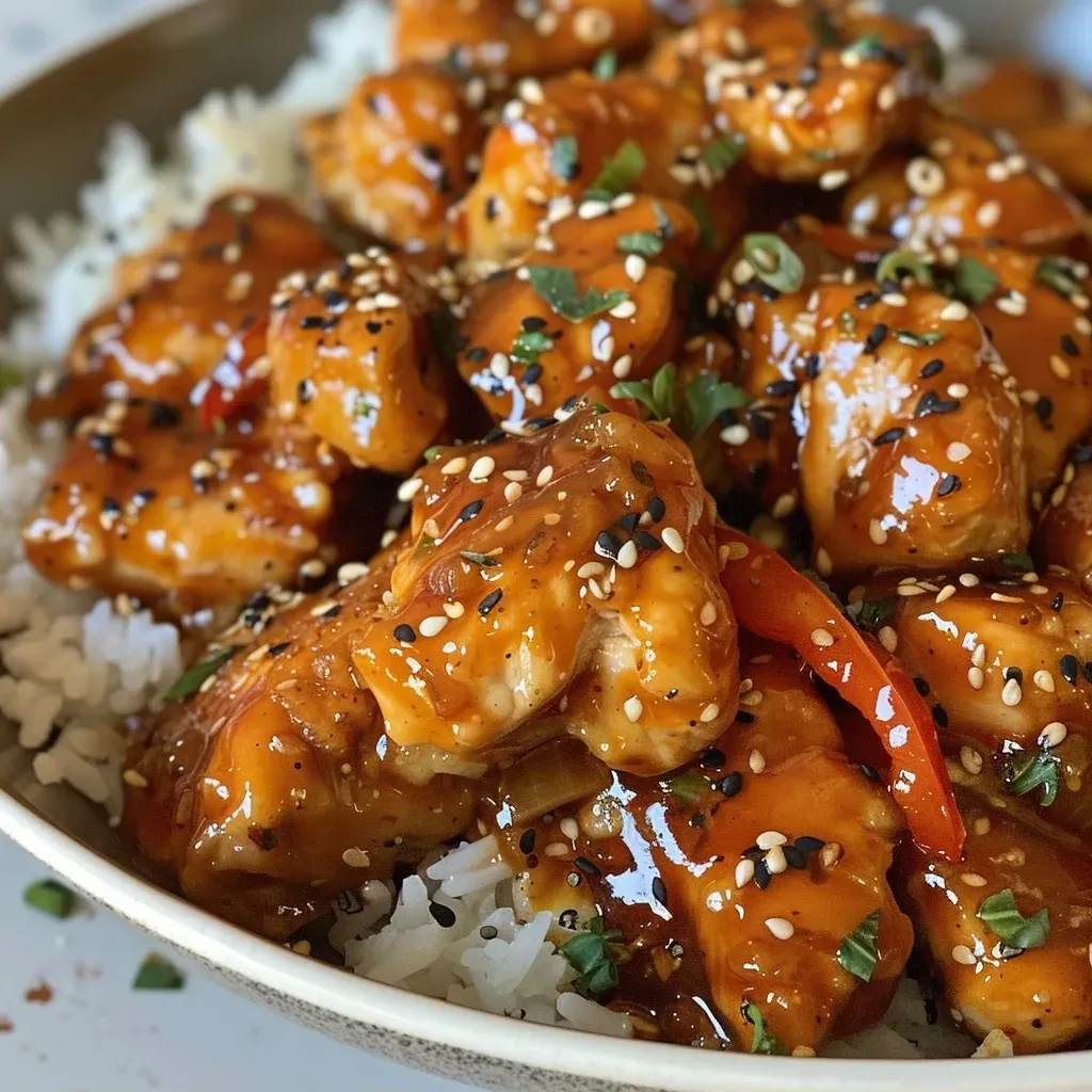 ['Juicy Sweet Chili Chicken with a side of colorful chopped vegetables.', 'Close-up of Sweet Chili Chicken glazed with sauce, served with greens.', 'Tender chicken pieces coated in sweet chili sauce, with diced peppers and onions.', 'Appetizing Sweet Chili Chicken dish featuring vibrant bell peppers and onions.']