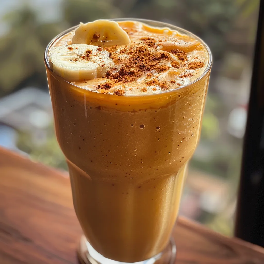 Side profile of a vibrant Sweet Potato and Banana Smoothie surrounded by ingredients on a wooden table.