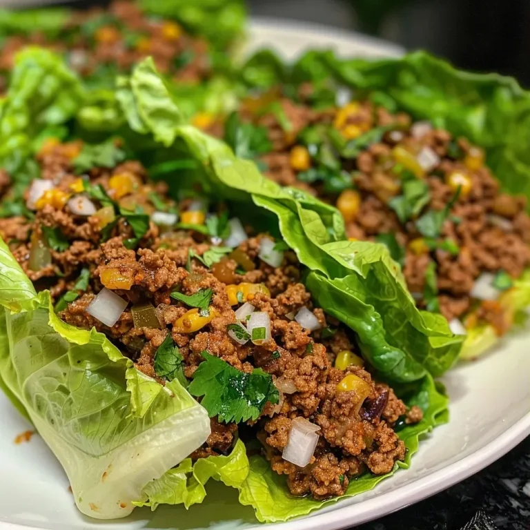['Close-up of juicy taco ground beef wrapped in lettuce leaves with diced onions.', 'Side view of taco ground beef lettuce wraps filled with seasoned meat and garnished with onion.', 'Fresh butter lettuce leaves filled with ground beef, showing texture and vibrant colors.', 'Delicious taco lettuce wraps showcasing ground beef, onions, and fresh greens.']