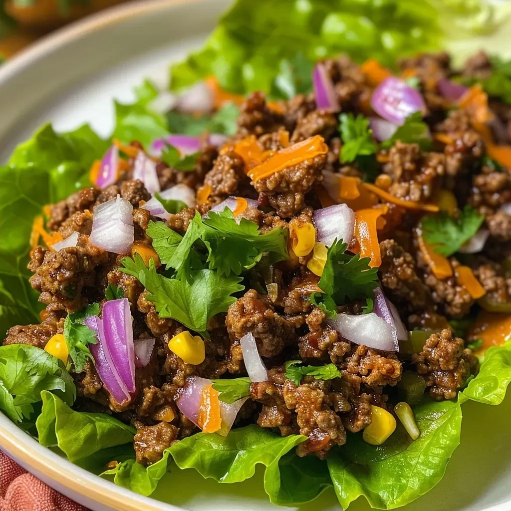 ['Close-up of juicy taco ground beef wrapped in lettuce leaves with diced onions.', 'Side view of taco ground beef lettuce wraps filled with seasoned meat and garnished with onion.', 'Fresh butter lettuce leaves filled with ground beef, showing texture and vibrant colors.', 'Delicious taco lettuce wraps showcasing ground beef, onions, and fresh greens.']