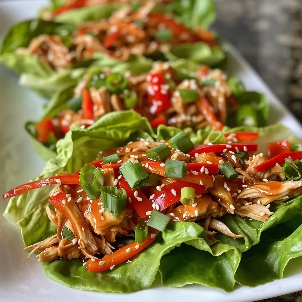 Juicy Teriyaki Chicken served in crisp lettuce leaves, garnished with sesame seeds.