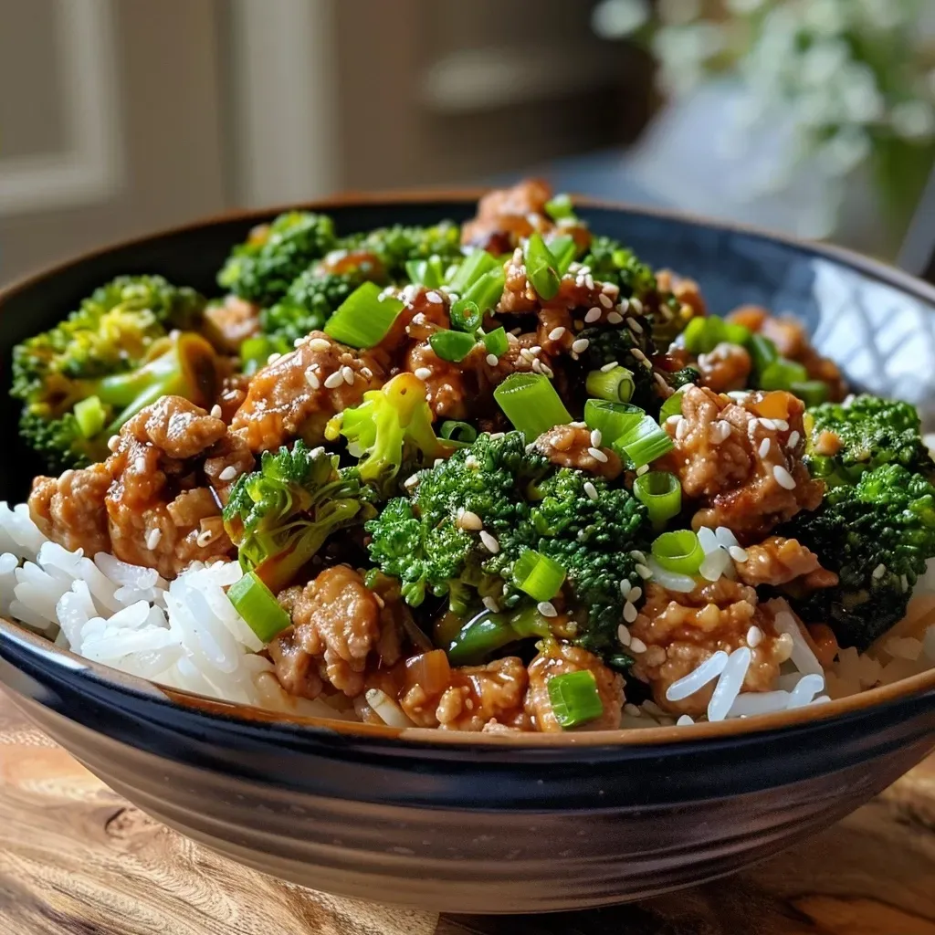 ['A close-up side view of a Teriyaki Turkey Rice Bowl featuring steamed broccoli and ground turkey.', 'Juicy Teriyaki Turkey Rice Bowl with vibrant broccoli and fluffy rice.', 'Side shot of a delicious Teriyaki Turkey Rice Bowl, showcasing its colorful ingredients.', 'Close-up of a rice bowl filled with teriyaki turkey, broccoli, and rice.']