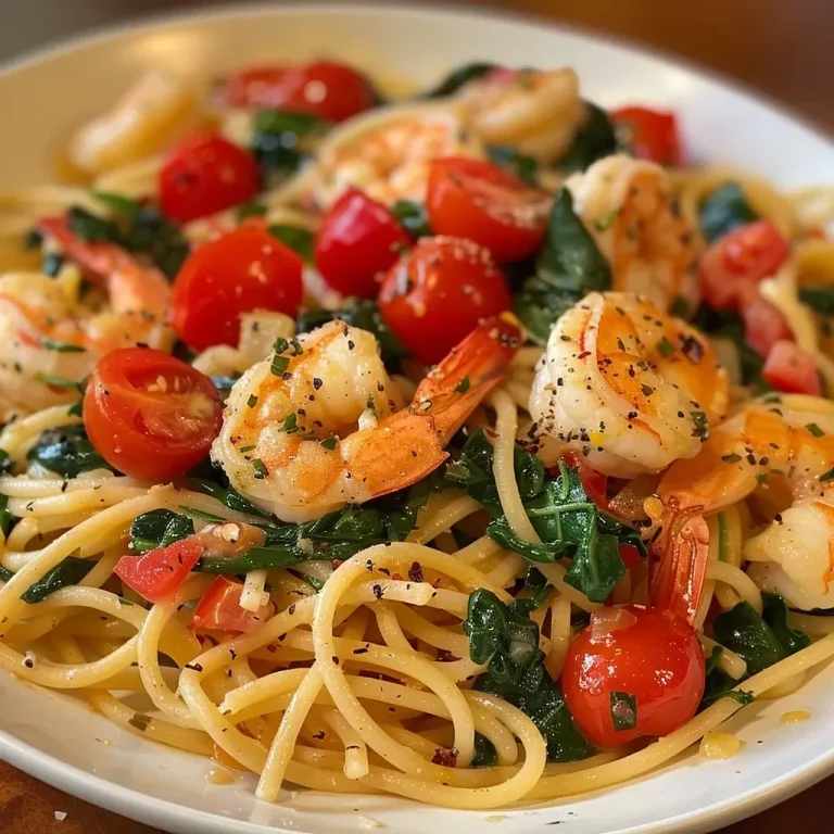 ['A close-up view of a vibrant plate of Tomato Spinach Shrimp Pasta.', 'Juicy shrimp and fresh spinach mixed with tomatoes and spaghetti in a side view.', 'Heaping serving of Tomato Spinach Shrimp Pasta with ingredients visible.', 'Side perspective of a delicious Tomato Spinach Shrimp Pasta dish showcasing fresh ingredients.']