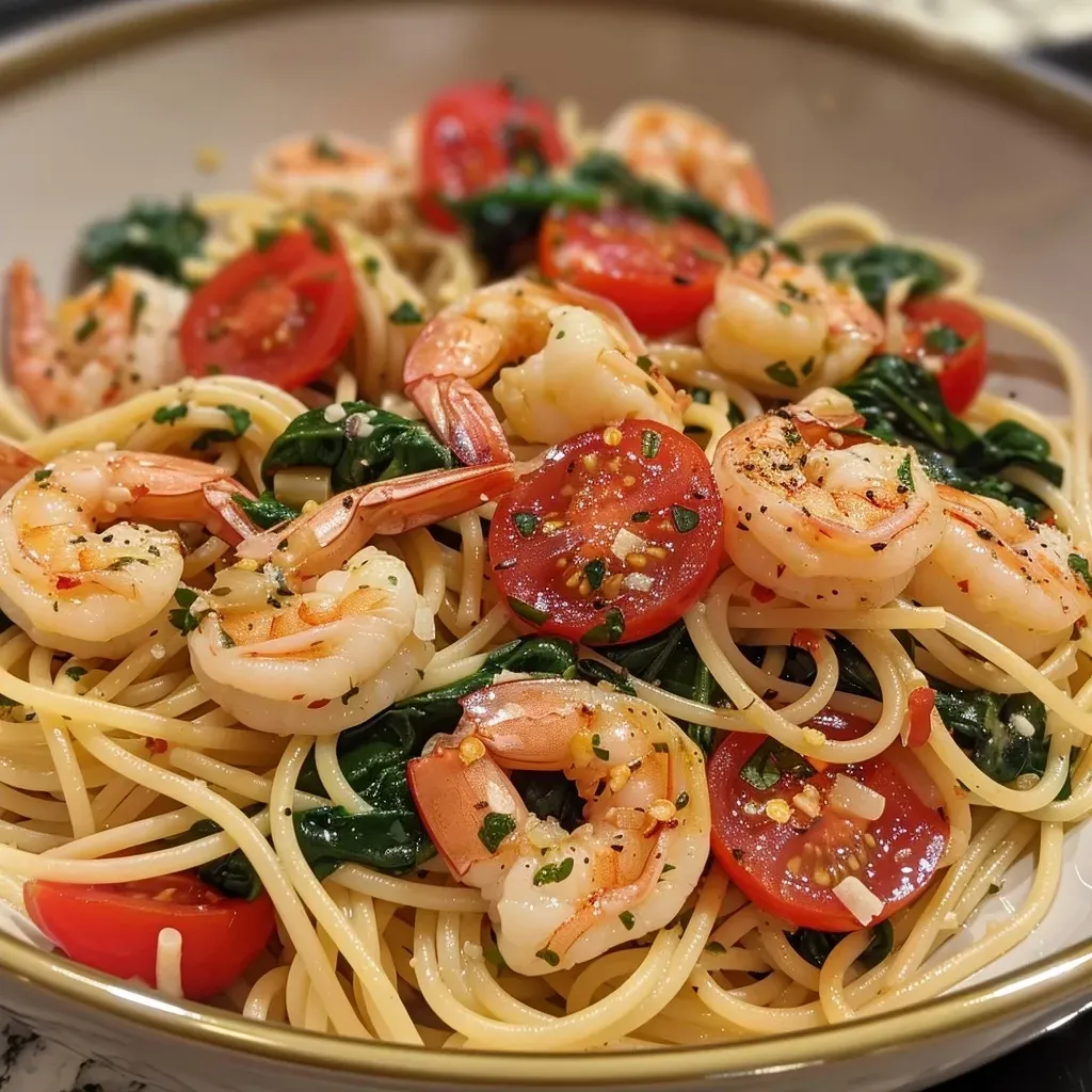 ['A close-up view of a vibrant plate of Tomato Spinach Shrimp Pasta.', 'Juicy shrimp and fresh spinach mixed with tomatoes and spaghetti in a side view.', 'Heaping serving of Tomato Spinach Shrimp Pasta with ingredients visible.', 'Side perspective of a delicious Tomato Spinach Shrimp Pasta dish showcasing fresh ingredients.']