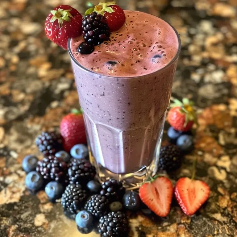 ['Close-up of a vibrant Triple Berry Smoothie in a clear glass, showcasing layers of red and purple berries.', 'Side view of a refreshing Triple Berry Smoothie with a smooth texture and fresh berry toppings.', 'Detailed view of a thick Triple Berry Smoothie, highlighting strawberries, blueberries, and blackberries.', 'Colorful Triple Berry Smoothie in a glass, garnished with fresh berries on top.']