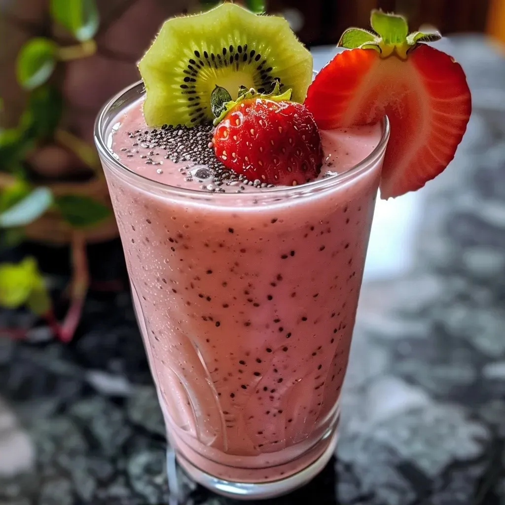['A colorful smoothie in a clear glass with kiwi slices and strawberries on the side.', 'A refreshing kiwi smoothie displayed beside fresh fruit slices and a spoonful of chia seeds.', 'A close-up view of a tropical smoothie with vibrant colors, showcasing its thick texture and fresh ingredients.', 'A side view of a delicious smoothie, highlighting the green kiwi and red strawberry elements.']