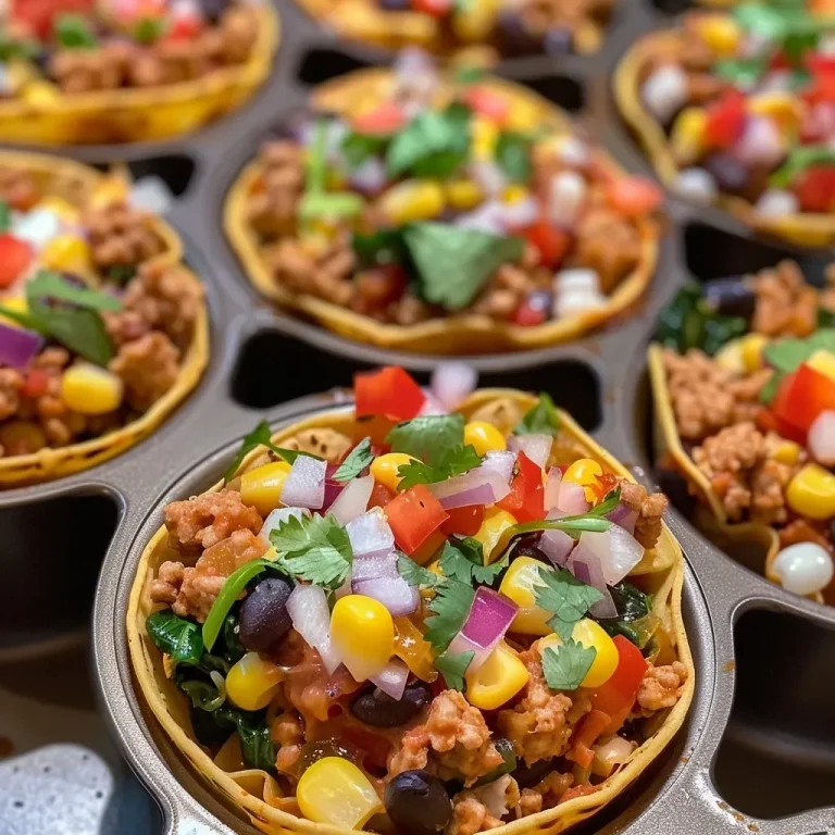 ['Close-up of golden brown Turkey Taco Cups arranged on a rustic wooden surface.', 'Side view of individual Turkey Taco Cups filled with colorful ingredients.', 'Juicy Turkey Taco Cups with melted cheese, corn, and black beans, in a muffin tin.', 'Delicious Turkey Taco Cups featuring ground turkey and vibrant vegetables.']