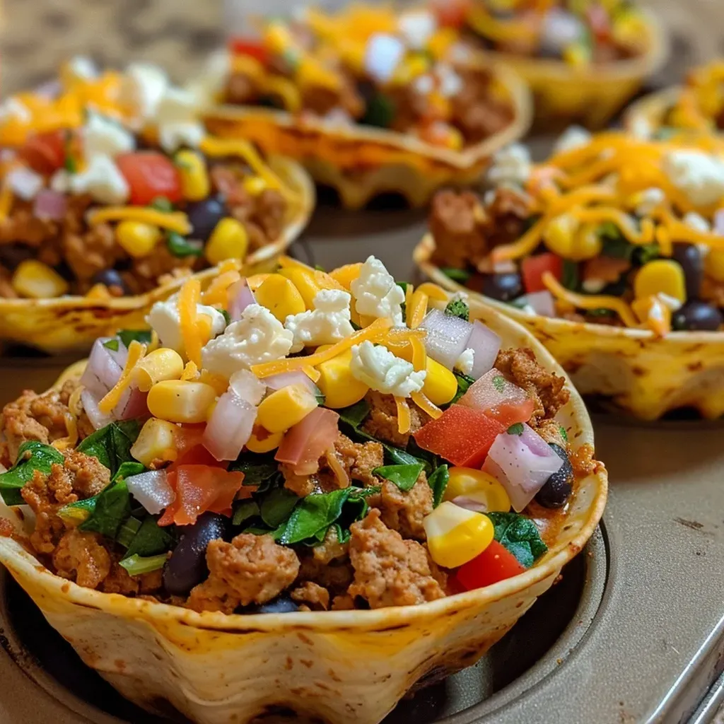 ['Close-up of golden brown Turkey Taco Cups arranged on a rustic wooden surface.', 'Side view of individual Turkey Taco Cups filled with colorful ingredients.', 'Juicy Turkey Taco Cups with melted cheese, corn, and black beans, in a muffin tin.', 'Delicious Turkey Taco Cups featuring ground turkey and vibrant vegetables.']