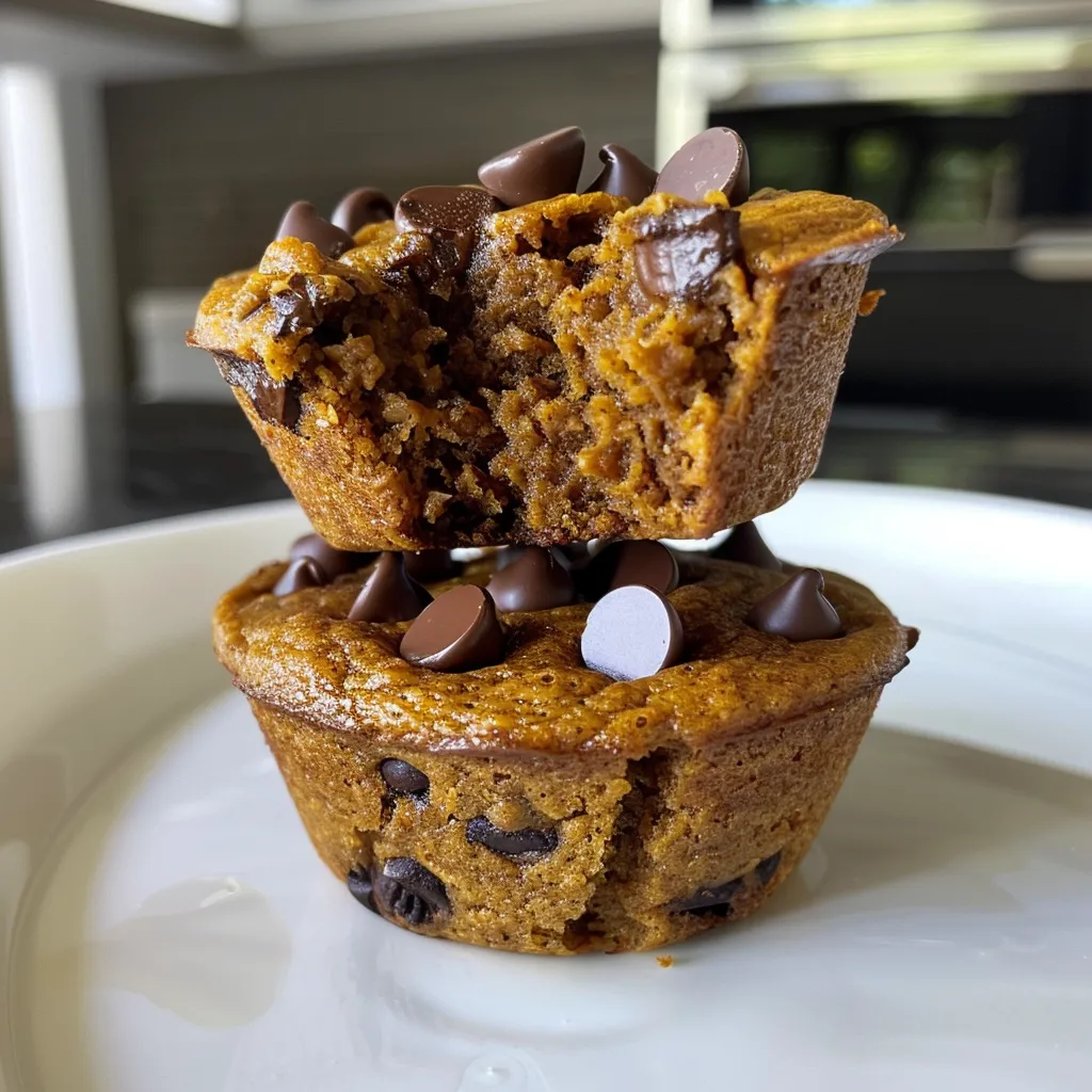 ['A close-up side view of healthy pumpkin chocolate chip muffins showcasing their moist texture and chocolate chips.', 'Side profile of freshly baked pumpkin chocolate chip muffins highlighting their golden-brown tops and chocolate pieces.', 'Juicy pumpkin chocolate chip muffins displayed in a vibrant setting, emphasizing their soft and fluffy interiors.', 'A tempting side view of healthy muffins filled with chocolate chips and pumpkin, ready to be enjoyed.']