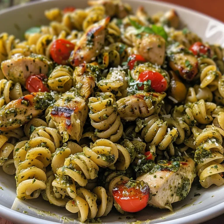 30-Minute Grilled Chicken Pesto Pasta A Wholesome Delight Close-up of grilled chicken pesto pasta garnished with cherry tomatoes and basil.