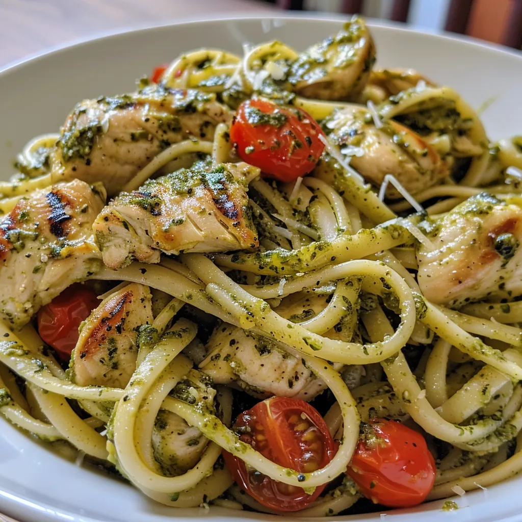 Juicy grilled chicken served on a bed of pesto pasta with a sprinkle of parmesan.