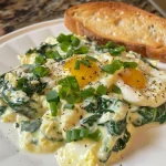 ['A close-up view of creamy spinach and eggs on a plate, garnished with green onions.', 'Side view of a delicious dish featuring creamy spinach mixed with eggs and served with crusty bread.', 'A detailed shot of creamy spinach and eggs, highlighting the vibrant green spinach and golden egg yolks.', 'An appetizing close-up of a bowl containing creamy spinach and eggs, showcasing its rich texture.']