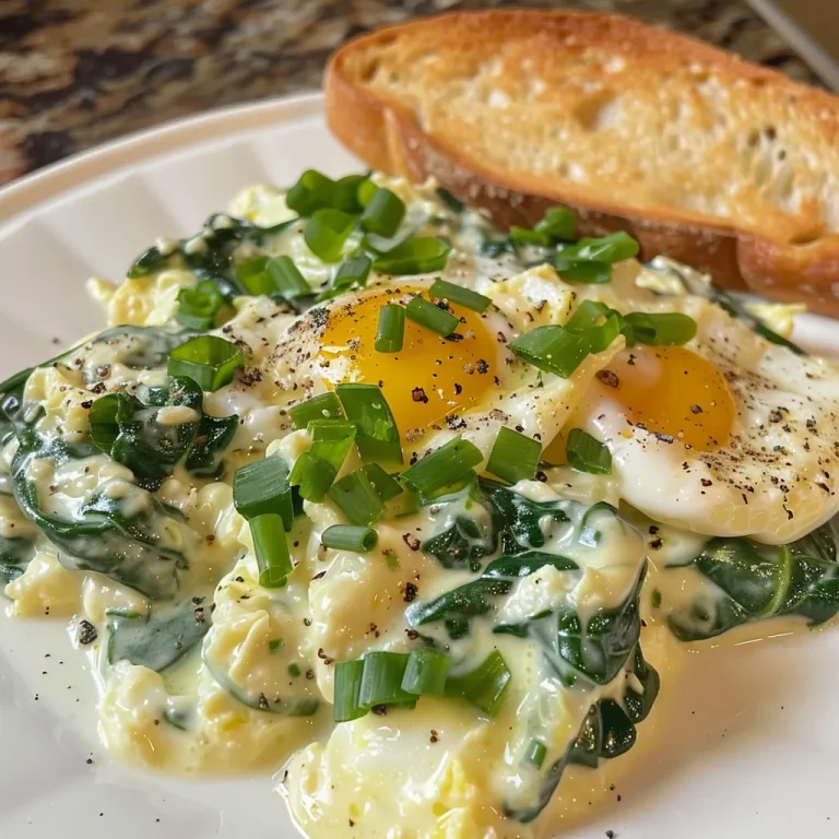 ['A close-up view of creamy spinach and eggs on a plate, garnished with green onions.', 'Side view of a delicious dish featuring creamy spinach mixed with eggs and served with crusty bread.', 'A detailed shot of creamy spinach and eggs, highlighting the vibrant green spinach and golden egg yolks.', 'An appetizing close-up of a bowl containing creamy spinach and eggs, showcasing its rich texture.']