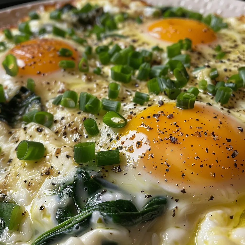 ['A close-up view of creamy spinach and eggs on a plate, garnished with green onions.', 'Side view of a delicious dish featuring creamy spinach mixed with eggs and served with crusty bread.', 'A detailed shot of creamy spinach and eggs, highlighting the vibrant green spinach and golden egg yolks.', 'An appetizing close-up of a bowl containing creamy spinach and eggs, showcasing its rich texture.']