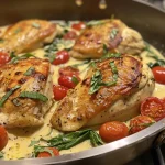Close-up view of creamy Tuscan chicken with vibrant cherry tomatoes and spinach.