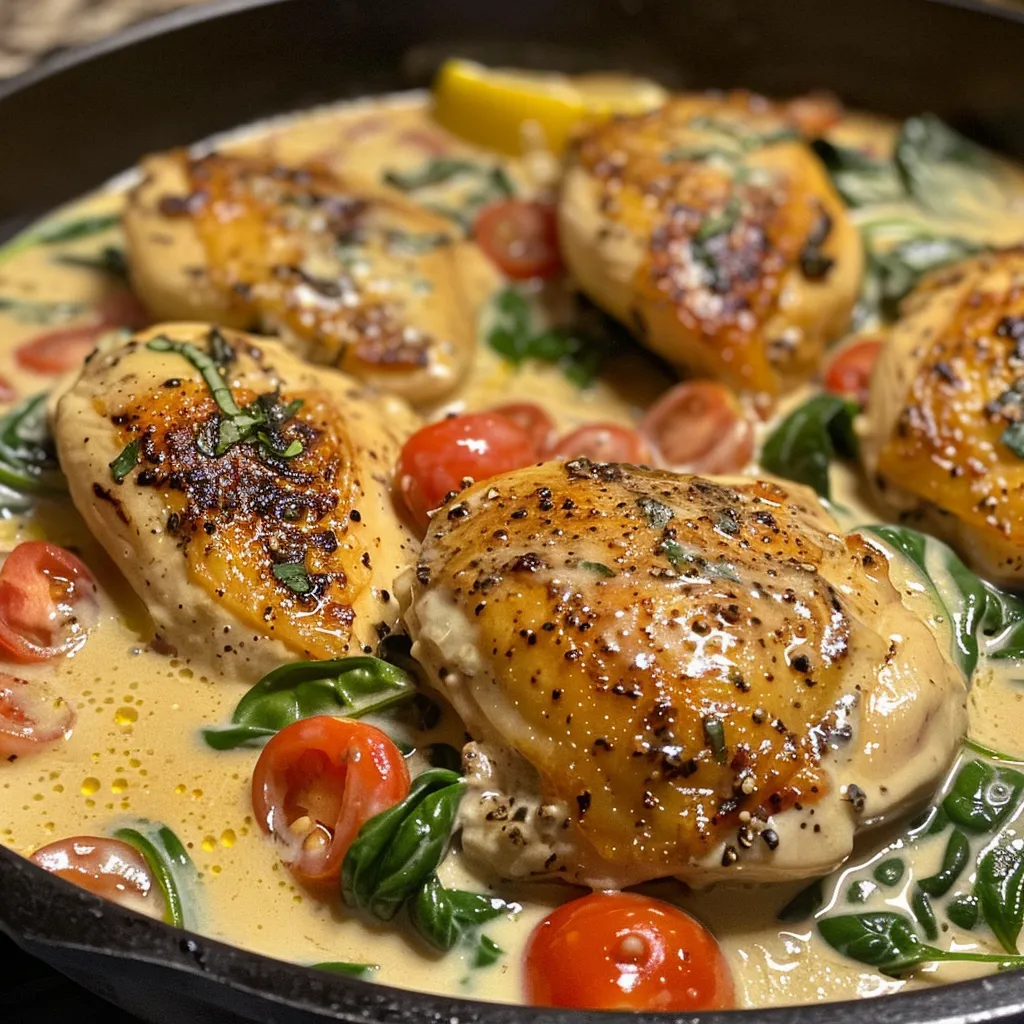 Juicy boneless chicken breast smothered in creamy sauce with tomatoes and herbs.