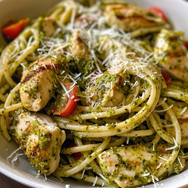 ['Close-up of juicy grilled chicken pesto pasta with cherry tomatoes and basil.', 'Side view of a bowl containing grilled chicken pesto pasta, topped with parmesan.', 'Delicious grilled chicken served on a bed of pesto pasta, garnished with fresh basil.', 'Tasty pasta dish featuring grilled chicken, pesto, and vibrant cherry tomatoes.']