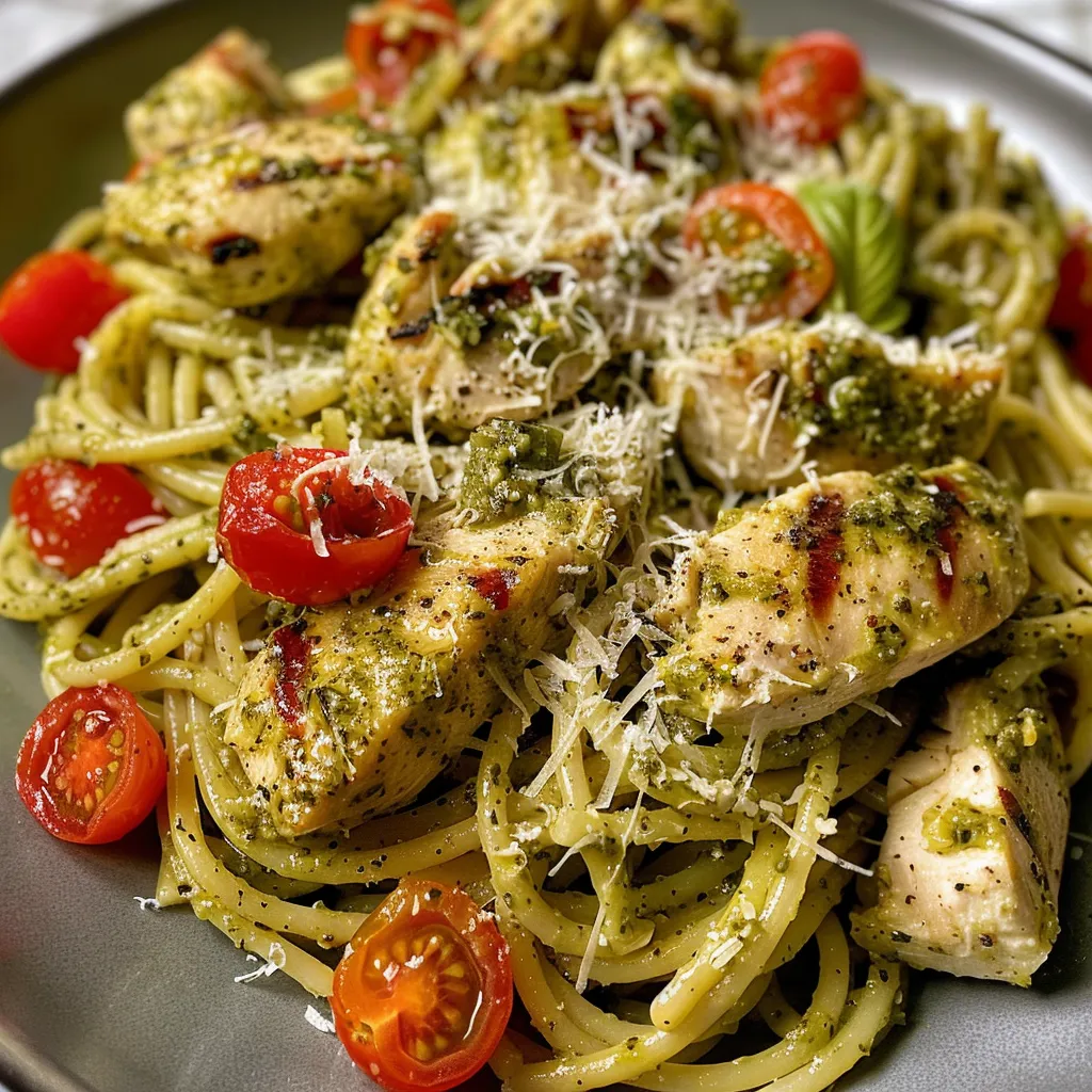 ['Close-up of juicy grilled chicken pesto pasta with cherry tomatoes and basil.', 'Side view of a bowl containing grilled chicken pesto pasta, topped with parmesan.', 'Delicious grilled chicken served on a bed of pesto pasta, garnished with fresh basil.', 'Tasty pasta dish featuring grilled chicken, pesto, and vibrant cherry tomatoes.']