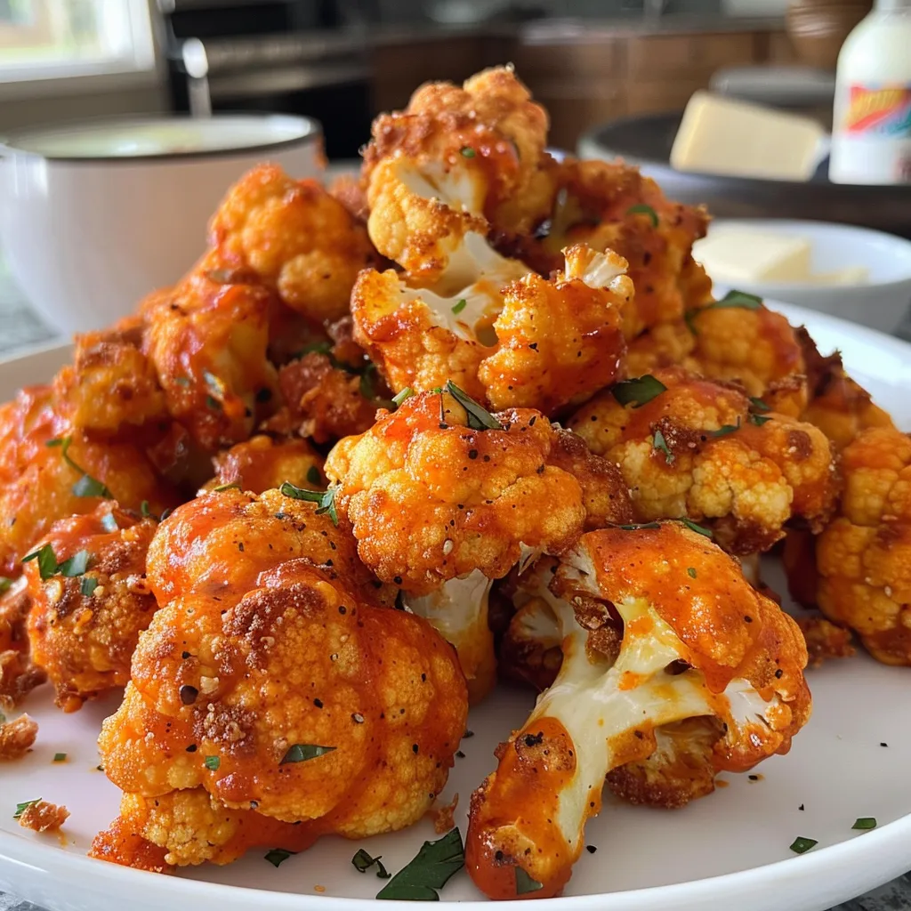 ['Close-up of golden Buffalo Cauliflower Wings on a plate with a side of dipping sauce.', 'Juicy Buffalo Cauliflower Wings arranged attractively with a vibrant sauce drizzle.', 'Side view of crispy Buffalo Cauliflower Wings, showcasing their texture and color.', 'A delicious serving of Buffalo Cauliflower Wings on a plate, highlighting their rich glaze.']