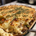 Close-up of a golden-brown Shepherd’s Pie with fluffy mashed potatoes on top.