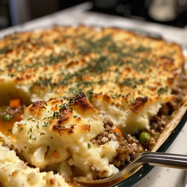 Close-up of a golden-brown Shepherd’s Pie with fluffy mashed potatoes on top.