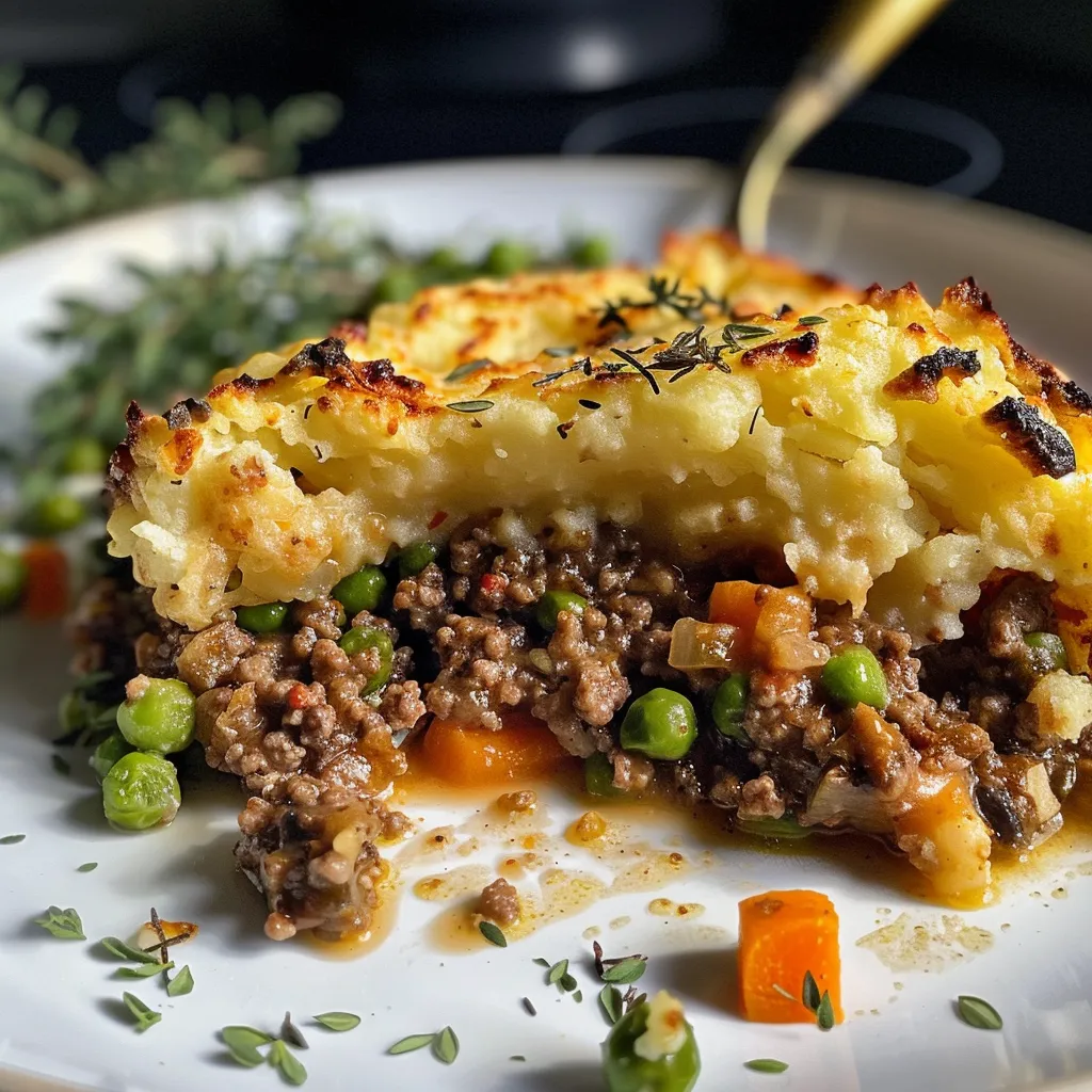 Side view of a hearty Shepherd’s Pie with layers of meat and vegetables visible.
