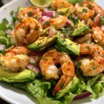 A vibrant Shrimp Avocado Salad featuring cooked shrimp, sliced avocados, and shredded lettuce.