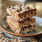 ['Close-up of delicious No Bake Chocolate Coconut Oat Bars with a glistening finish.', 'Side view of chocolate coconut oat bars, showcasing oats and coconut texture.', 'Richly layered chocolate oat bars topped with shredded coconut, displayed on a rustic plate.', 'Visually appealing No Bake Chocolate Coconut Oat Bars with a glossy appearance, ready to enjoy.']
