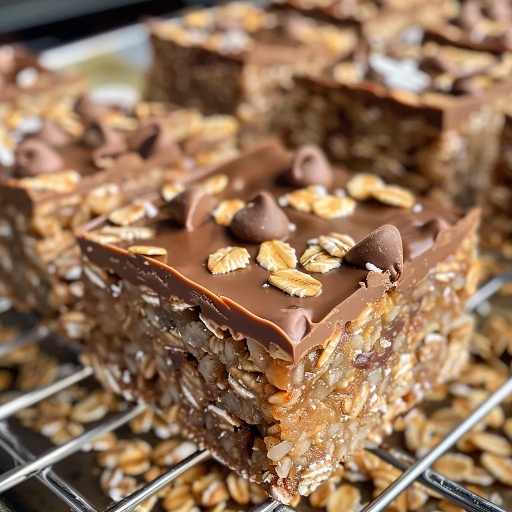 ['Close-up of delicious No Bake Chocolate Coconut Oat Bars with a glistening finish.', 'Side view of chocolate coconut oat bars, showcasing oats and coconut texture.', 'Richly layered chocolate oat bars topped with shredded coconut, displayed on a rustic plate.', 'Visually appealing No Bake Chocolate Coconut Oat Bars with a glossy appearance, ready to enjoy.']
