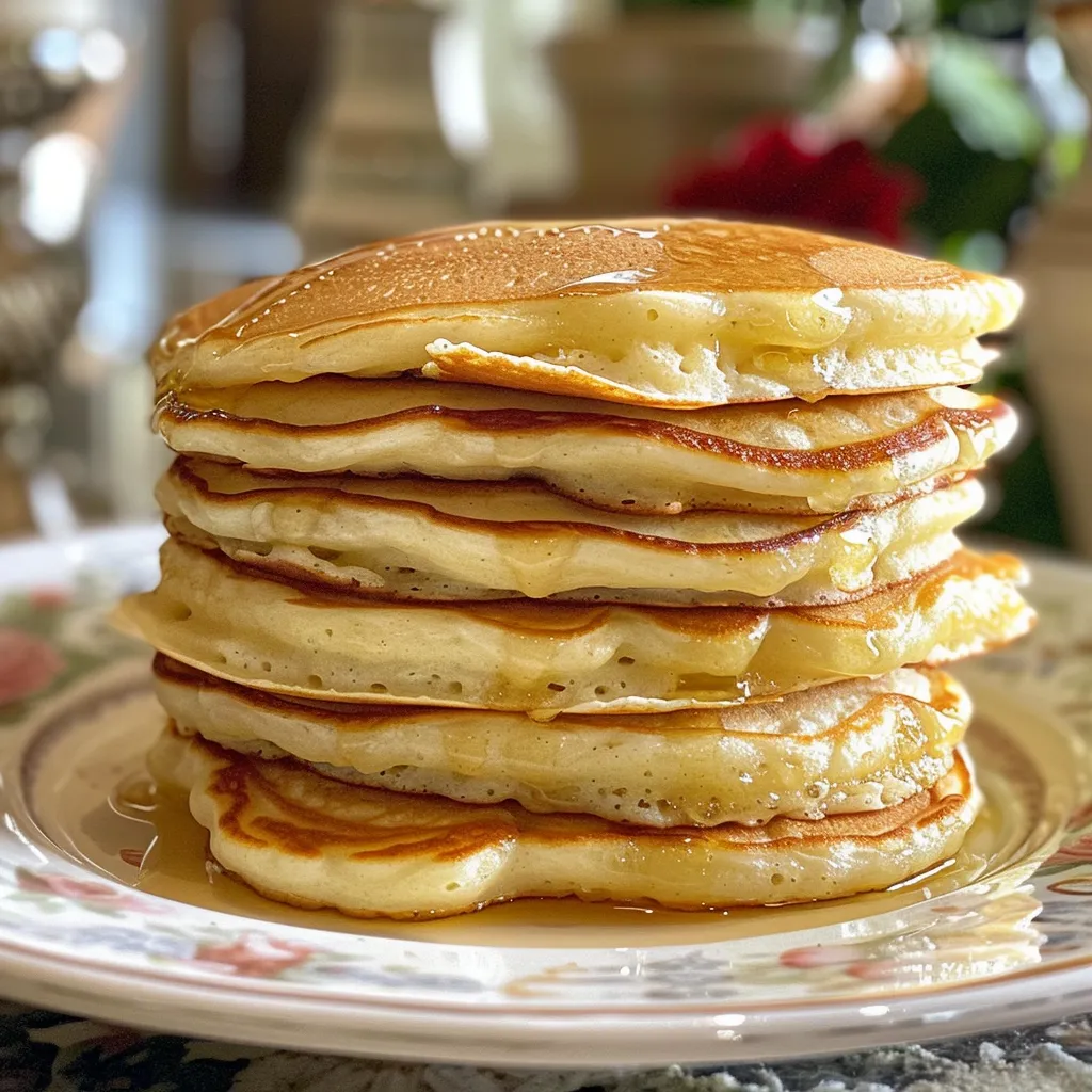 Side view of delicious gluten-free pancakes topped with syrup and berries.