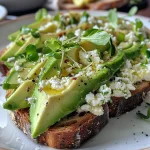 ['Close-up of Savory Cottage Cheese Avocado Toast on sourdough bread, topped with microgreens and red pepper flakes.', 'A delicious slice of artisanal sourdough bread with mashed avocado and cottage cheese, garnished with lemon zest and spices.', 'Side view of avocado toast with cottage cheese, featuring vibrant green toppings and a drizzle of olive oil.', 'Rich, creamy cottage cheese on toast, layered with ripe avocados and fresh microgreens.']