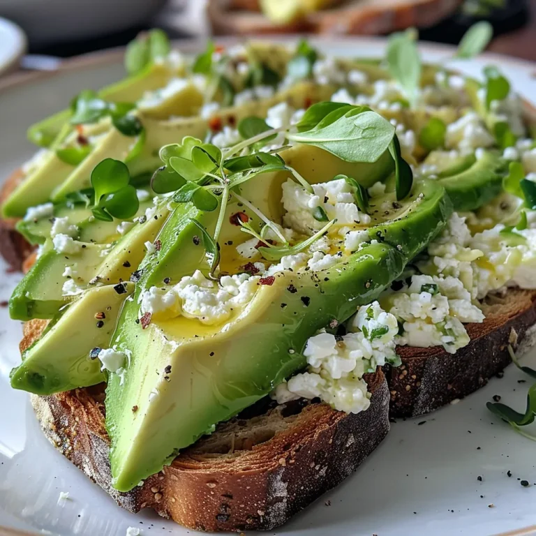['Close-up of Savory Cottage Cheese Avocado Toast on sourdough bread, topped with microgreens and red pepper flakes.', 'A delicious slice of artisanal sourdough bread with mashed avocado and cottage cheese, garnished with lemon zest and spices.', 'Side view of avocado toast with cottage cheese, featuring vibrant green toppings and a drizzle of olive oil.', 'Rich, creamy cottage cheese on toast, layered with ripe avocados and fresh microgreens.']