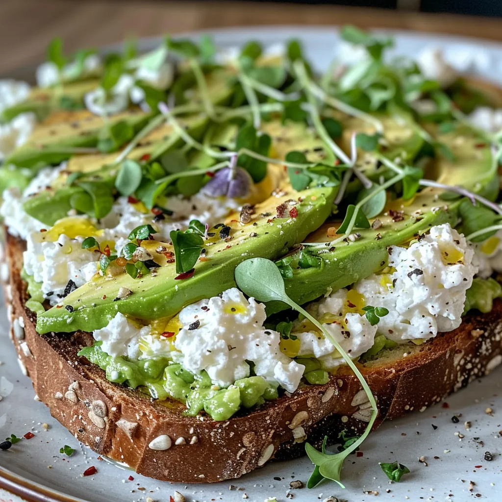['Close-up of Savory Cottage Cheese Avocado Toast on sourdough bread, topped with microgreens and red pepper flakes.', 'A delicious slice of artisanal sourdough bread with mashed avocado and cottage cheese, garnished with lemon zest and spices.', 'Side view of avocado toast with cottage cheese, featuring vibrant green toppings and a drizzle of olive oil.', 'Rich, creamy cottage cheese on toast, layered with ripe avocados and fresh microgreens.']