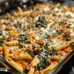 ['Close-up view of a baked pasta dish with ground turkey and kale topped with melted cheese.', 'Juicy Ground Turkey Pasta Bake served in a dish, showing layers of pasta and vegetables.', 'Side view of a hearty pasta bake featuring ground turkey, cheese, and leafy kale.', 'A delicious serving of Ground Turkey Pasta Bake, showcasing melted mozzarella and colorful ingredients.']