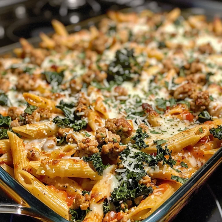 ['Close-up view of a baked pasta dish with ground turkey and kale topped with melted cheese.', 'Juicy Ground Turkey Pasta Bake served in a dish, showing layers of pasta and vegetables.', 'Side view of a hearty pasta bake featuring ground turkey, cheese, and leafy kale.', 'A delicious serving of Ground Turkey Pasta Bake, showcasing melted mozzarella and colorful ingredients.']