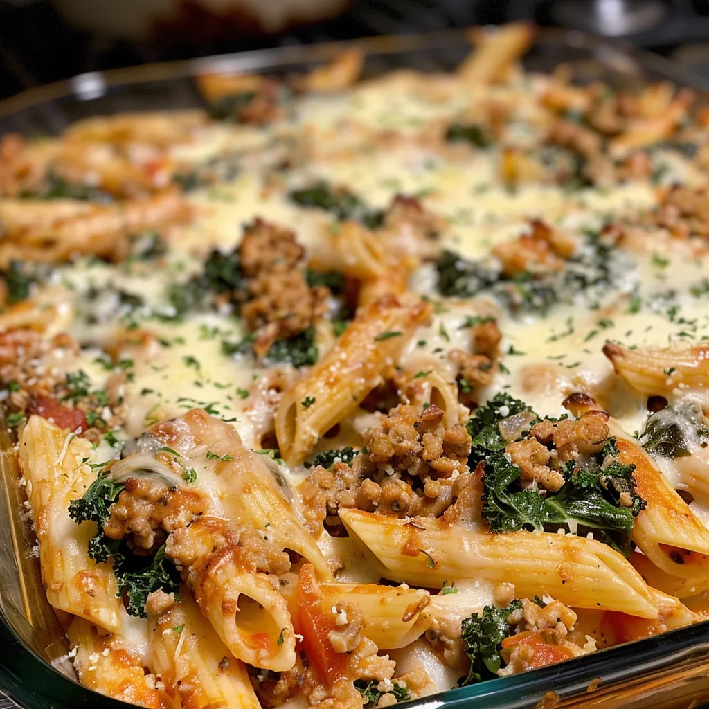 ['Close-up view of a baked pasta dish with ground turkey and kale topped with melted cheese.', 'Juicy Ground Turkey Pasta Bake served in a dish, showing layers of pasta and vegetables.', 'Side view of a hearty pasta bake featuring ground turkey, cheese, and leafy kale.', 'A delicious serving of Ground Turkey Pasta Bake, showcasing melted mozzarella and colorful ingredients.']