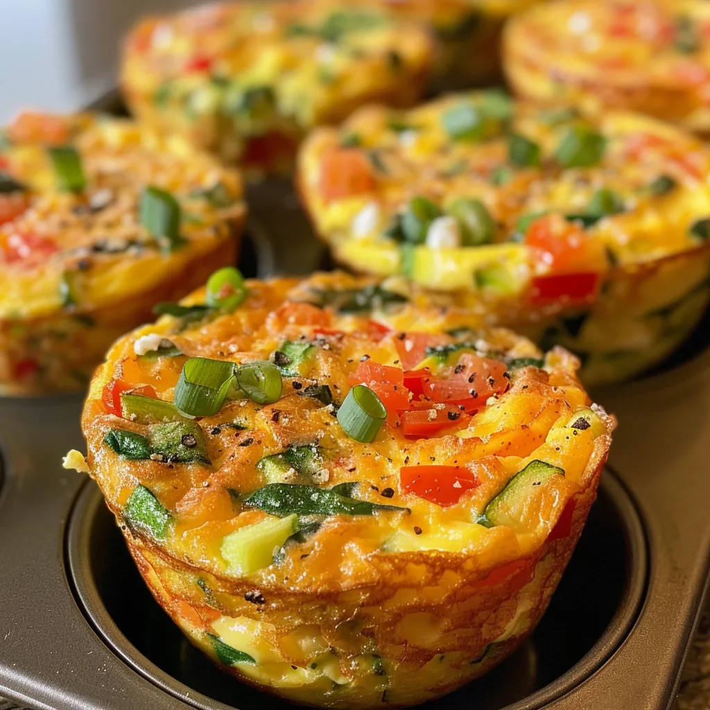 Close-up of freshly baked egg white frittata muffins filled with zucchini, bell pepper, and spinach.