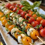 Close-up of Caprese skewers featuring cherry tomatoes, mozzarella balls, and fresh basil drizzled with balsamic glaze.