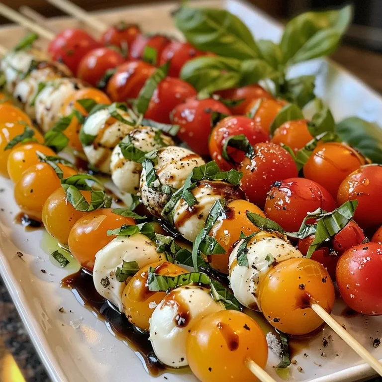 Delightful Caprese Skewers A Taste of Italy in Every Bite Close-up of Caprese skewers featuring cherry tomatoes, mozzarella balls, and fresh basil drizzled with balsamic glaze.
