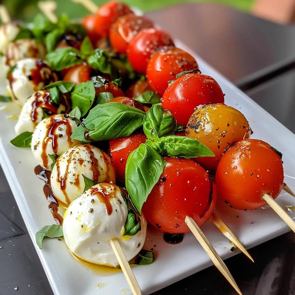 Side view of delicious Caprese skewers with vibrant colors and fresh ingredients displayed on a wooden platter.