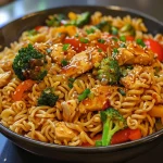 ['A vibrant bowl of Spicy Garlic Chicken with broccoli and noodles, garnished with green onions and sesame seeds.', 'Close-up view of a colorful noodle bowl featuring chicken, broccoli, and spicy seasoning.', 'Juicy chicken pieces mixed with rice noodles and fresh broccoli in a decorative bowl.', 'An appetizing arrangement of Spicy Garlic Chicken and broccoli noodles, showcasing textures and colors.']