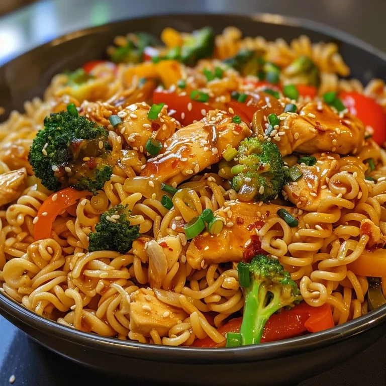 ['A vibrant bowl of Spicy Garlic Chicken with broccoli and noodles, garnished with green onions and sesame seeds.', 'Close-up view of a colorful noodle bowl featuring chicken, broccoli, and spicy seasoning.', 'Juicy chicken pieces mixed with rice noodles and fresh broccoli in a decorative bowl.', 'An appetizing arrangement of Spicy Garlic Chicken and broccoli noodles, showcasing textures and colors.']