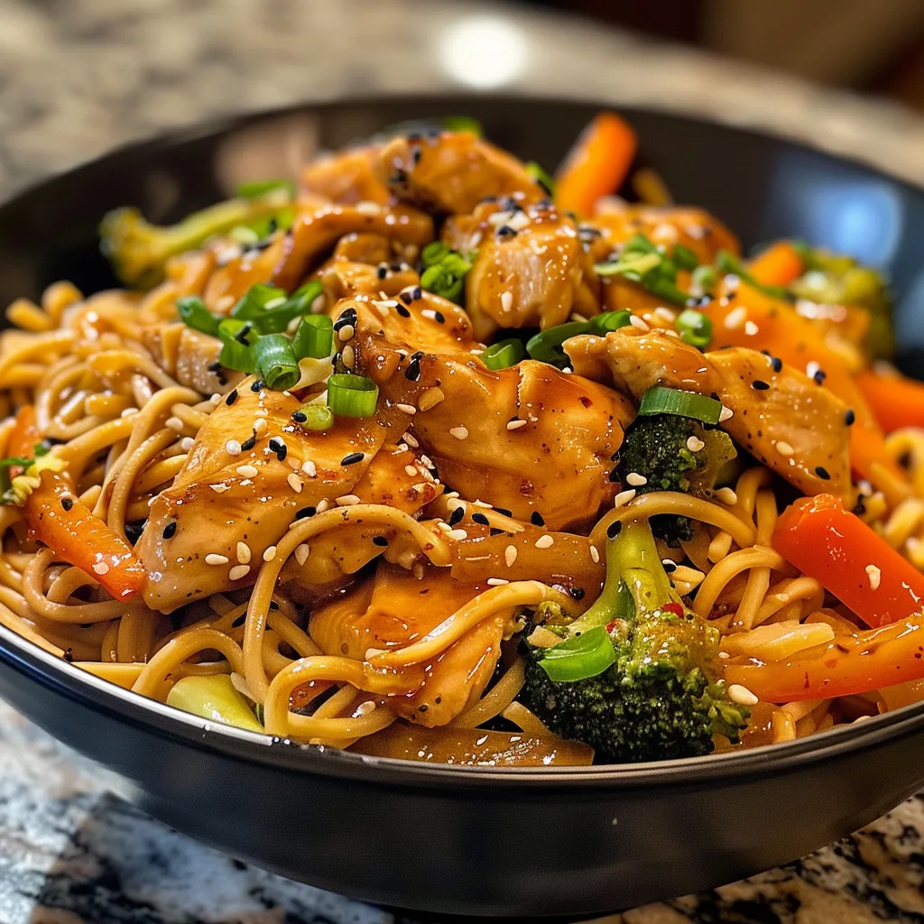 ['A vibrant bowl of Spicy Garlic Chicken with broccoli and noodles, garnished with green onions and sesame seeds.', 'Close-up view of a colorful noodle bowl featuring chicken, broccoli, and spicy seasoning.', 'Juicy chicken pieces mixed with rice noodles and fresh broccoli in a decorative bowl.', 'An appetizing arrangement of Spicy Garlic Chicken and broccoli noodles, showcasing textures and colors.']