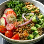 ['Close-up of a vibrant lentil quinoa bowl filled with fresh ingredients.', 'Side view of a colorful protein-packed lentil quinoa bowl topped with cherry tomatoes and herbs.', 'Detailed view of a healthy lentil quinoa bowl with diced cucumbers and a sprinkle of feta cheese.', 'Appetizing protein-packed bowl featuring quinoa and lentils, garnished with parsley and lemon.']