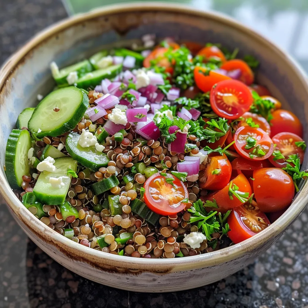 Close-up of a vibrant lentil quinoa bowl filled with fresh ingredients.