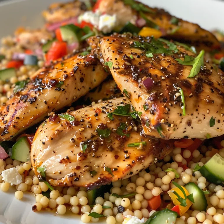 ['A close-up view of a vibrant Chicken Couscous Salad with fresh vegetables and herbs.', 'Side angle photo featuring a colorful Chicken Couscous Salad showcasing its ingredients.', 'A beautifully arranged Chicken Couscous Salad filled with chicken, cucumbers, and feta cheese.', 'An appetizing close shot of Chicken Couscous Salad highlighting juicy chicken and bright veggies.']